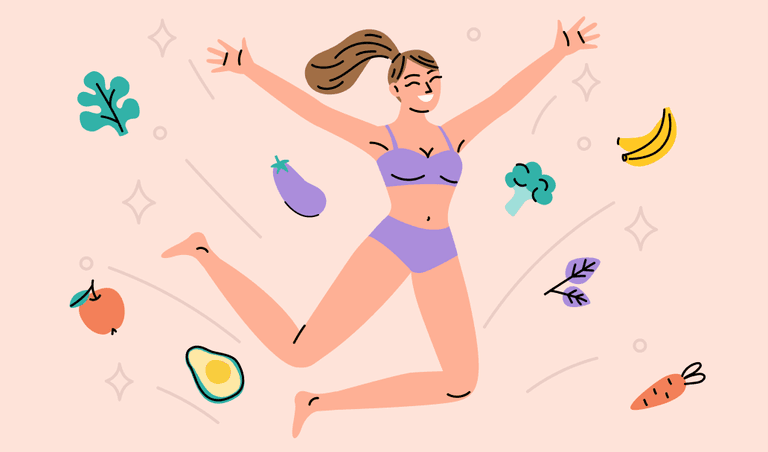 A  woman jumping happily as she enjoys the benefits of clean eating