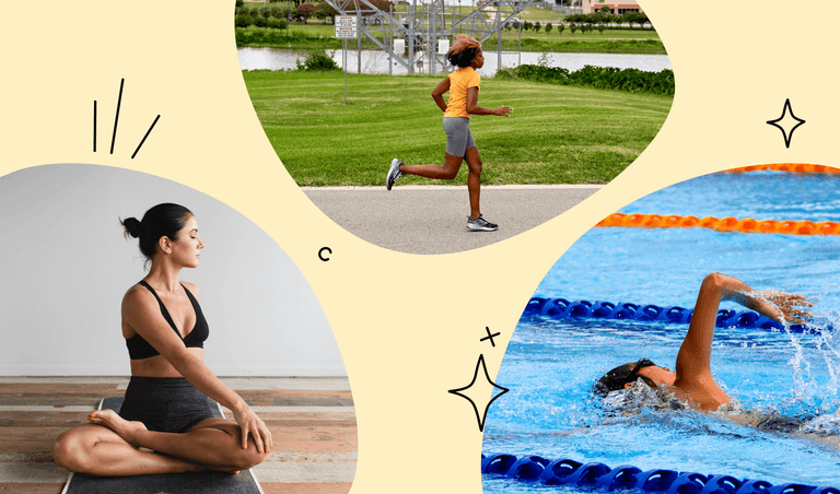 running, swimming, and yoga 