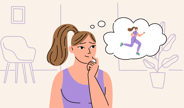 A woman thinking to herself wondering how often she should run to lose belly fat